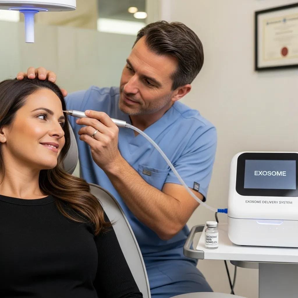 Clinician administering exosome therapy in a calm clinical setting to illustrate non-surgical hair restoration benefits