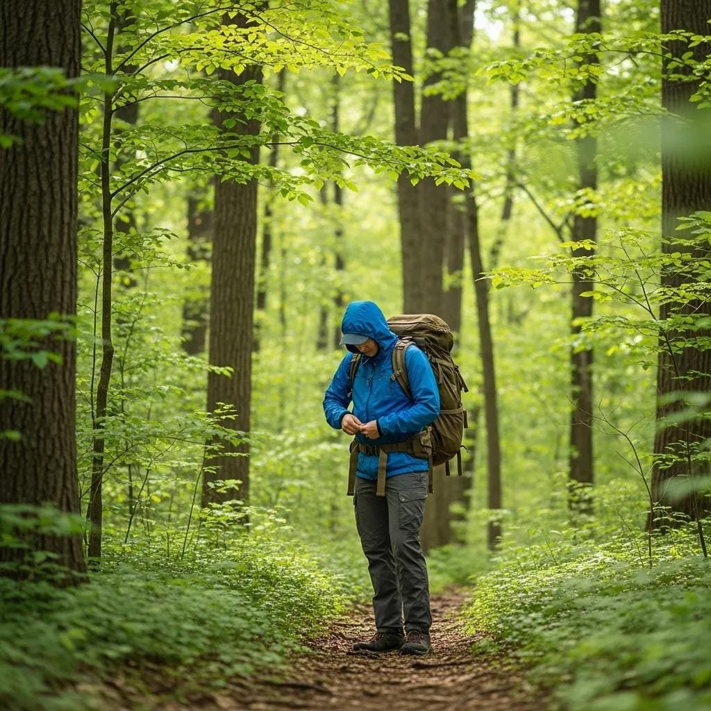 Person checking for ticks in a green forest, highlighting Lyme disease prevention in Bethesda