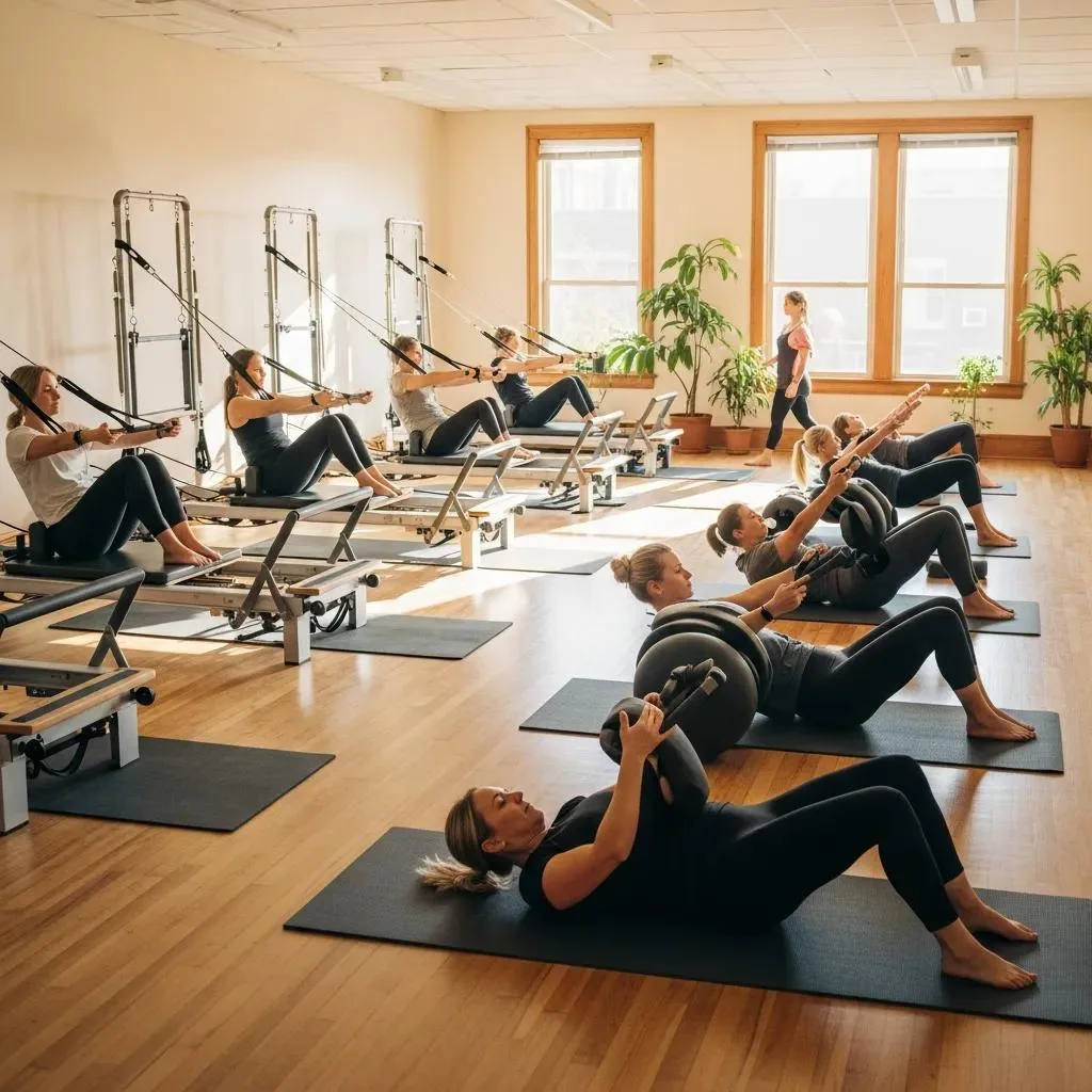 Pilates studio with diverse individuals practicing core stability exercises