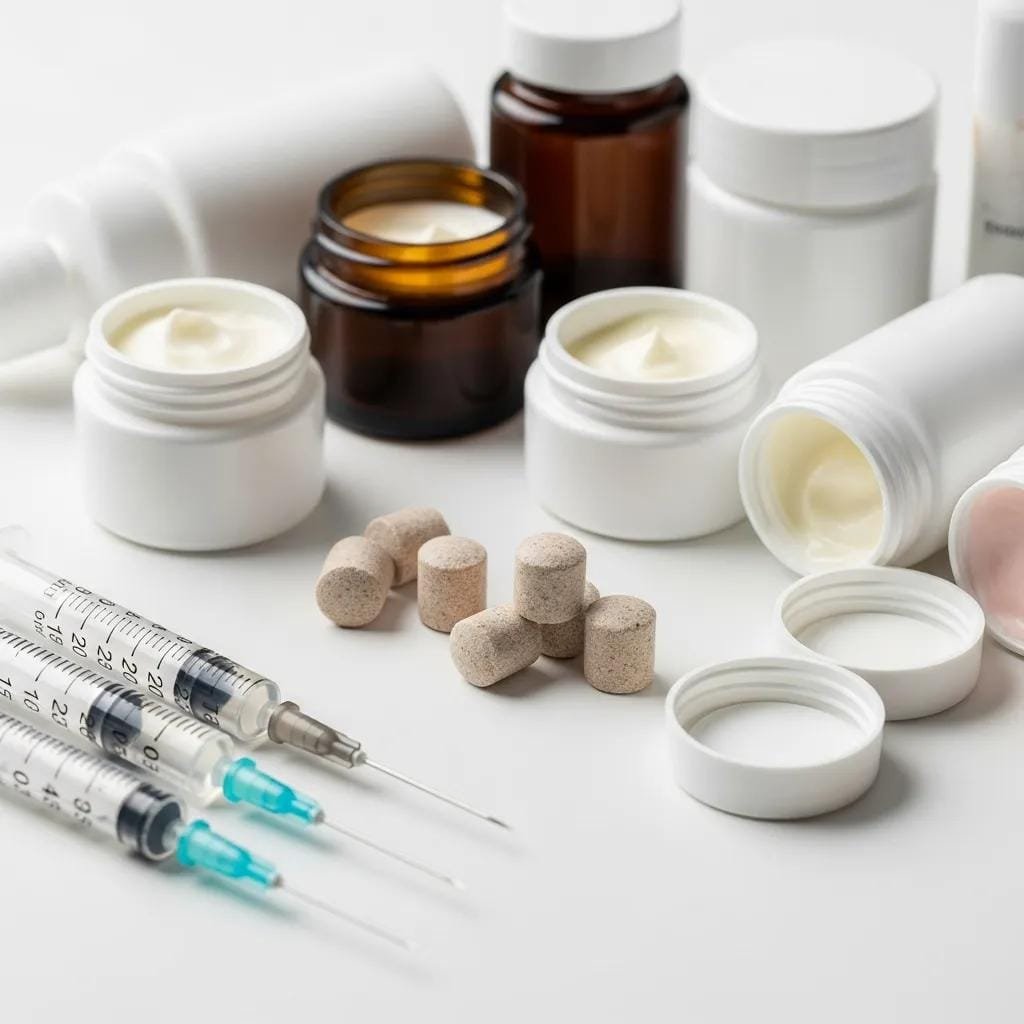 Various bioidentical hormone replacement therapy options including syringes, topical creams, and pellets for personalized treatment.