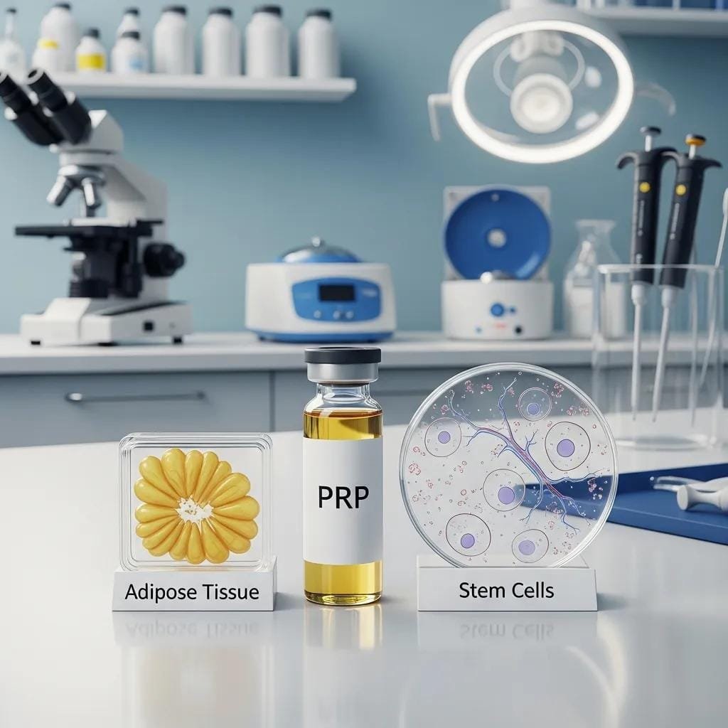Adipose tissue sample, vial of PRP (platelet-rich plasma), and petri dish with stem cells in a laboratory setting, illustrating regenerative therapies for scar treatment.