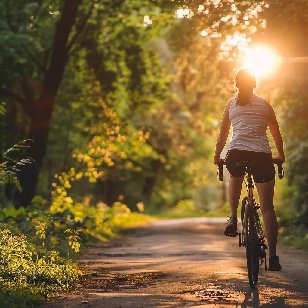 Person cycling on a forest path during sunset, promoting outdoor activity and healthy lifestyle choices for cellular longevity and mitochondrial health.