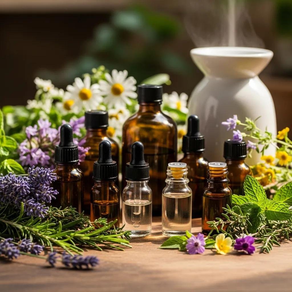 A collection of essential oil bottles with fresh herbs and flowers, symbolizing holistic well-being and natural healing