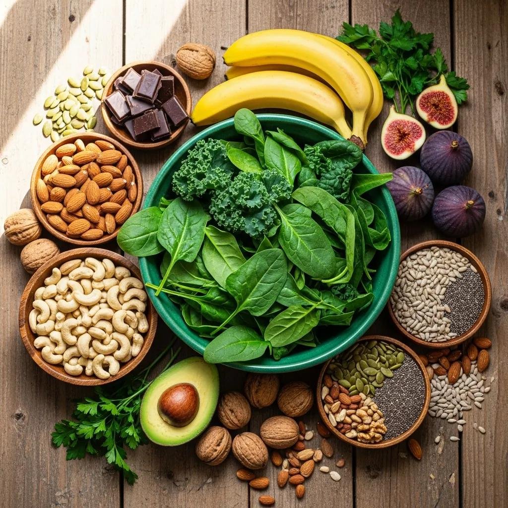 A colorful assortment of magnesium-rich foods including spinach, almonds, and pumpkin seeds, emphasizing health and nutrition