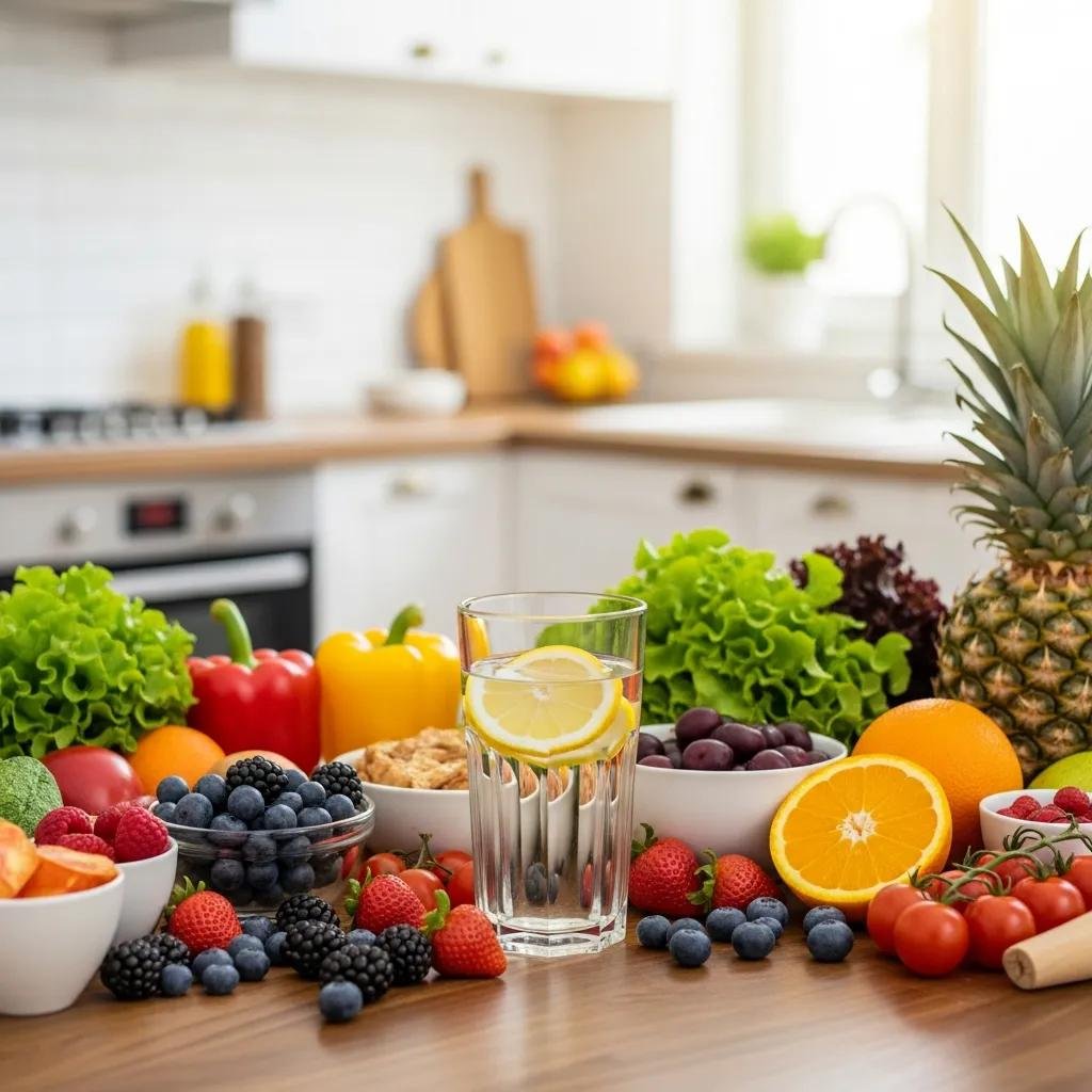 Colorful display of fresh fruits and vegetables, including berries, lettuce, citrus, and a glass of water with lemon, symbolizing health benefits of mindful drinking and alcohol moderation.