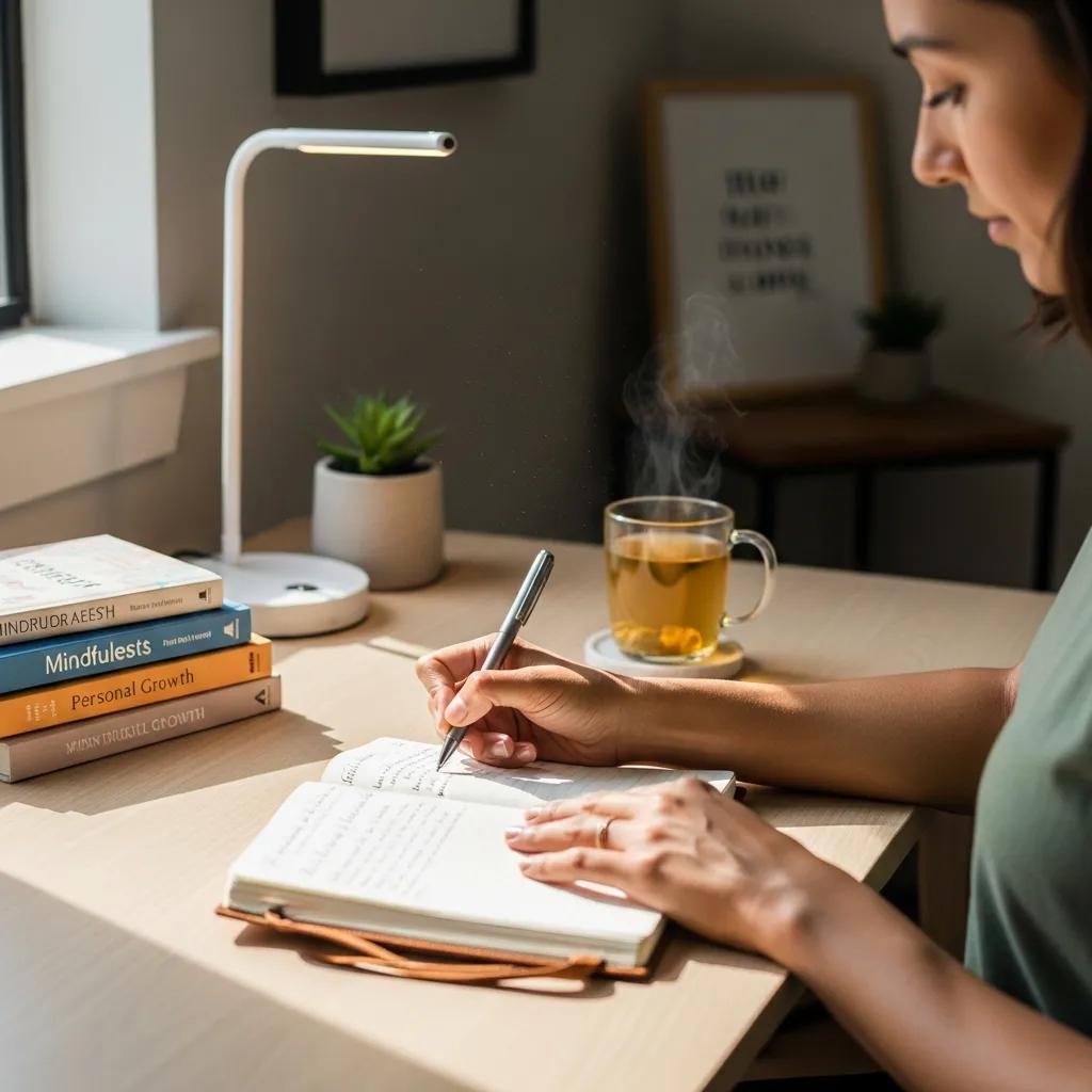 Person journaling with a pen in a notebook, steaming herbal tea beside, books on mindful growth and personal development, emphasizing practical strategies for healthy alcohol habits.