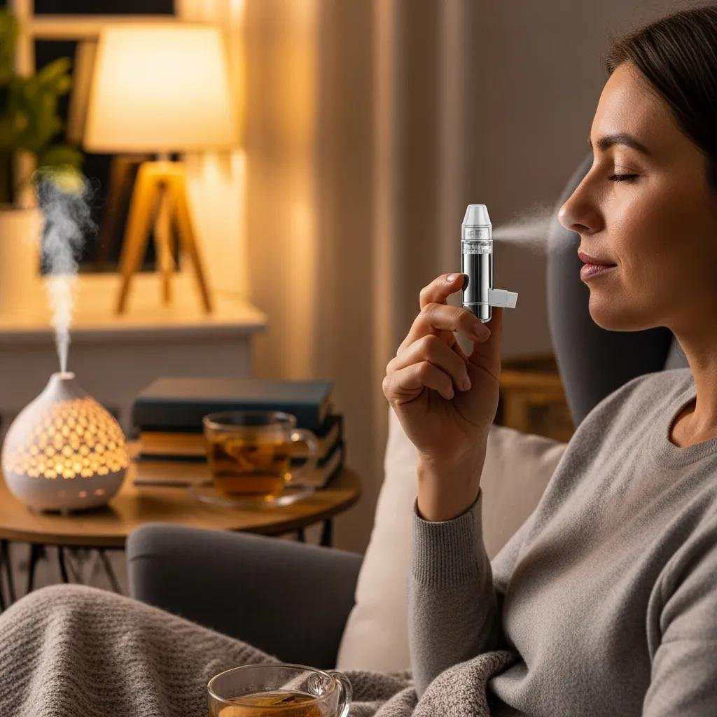 Someone using a personal inhaler with essential oils in a calm room to illustrate stress relief