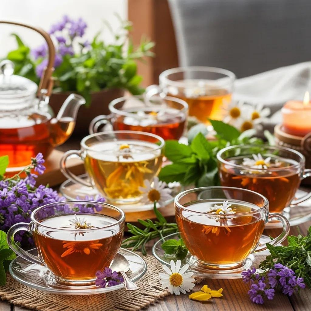 A variety of herbal teas in glass cups with fresh herbs and flowers, representing health and wellness benefits of herbal teas.