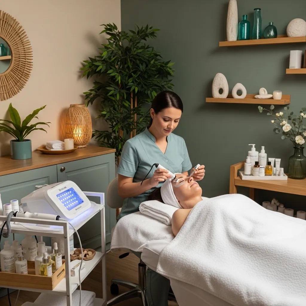 Aesthetician performing regenerative facial rejuvenation in a calming spa environment