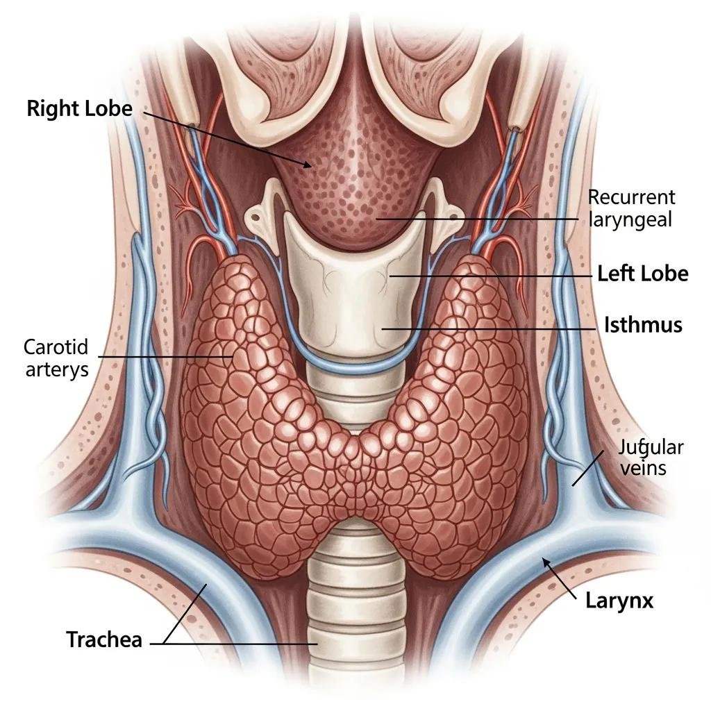 Detailed anatomy of the thyroid gland in the neck