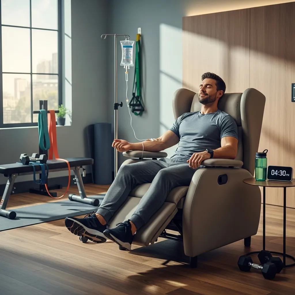 Athlete receiving IV therapy in a recovery room, promoting hydration and nutrient replenishment after intense workout, with fitness equipment in the background.