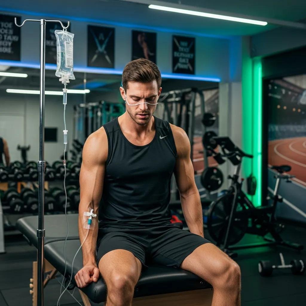 Athlete receiving IV therapy in a sports recovery facility, emphasizing hydration and nutrient replenishment for enhanced performance and recovery.