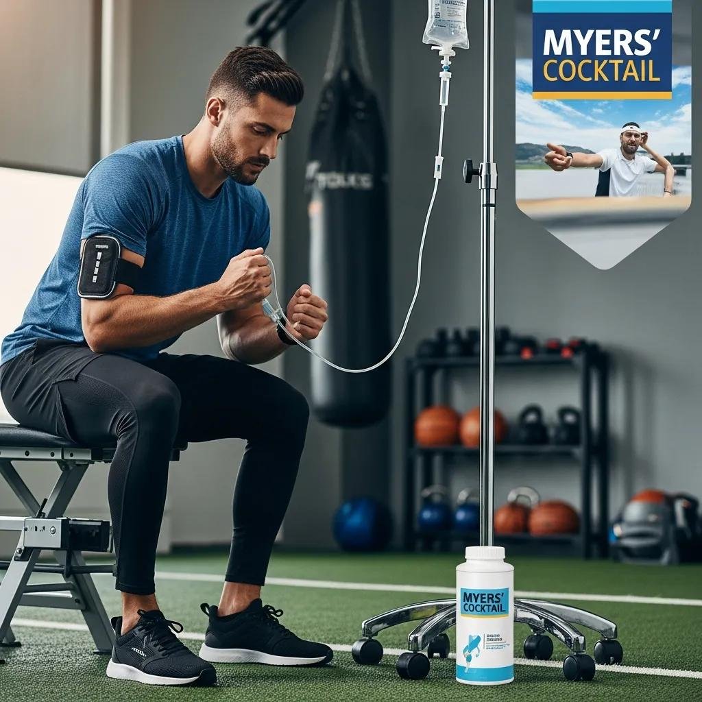 Athlete receiving Myers' Cocktail IV therapy for hydration and recovery, seated in a gym setting, with IV drip and sports equipment in the background.