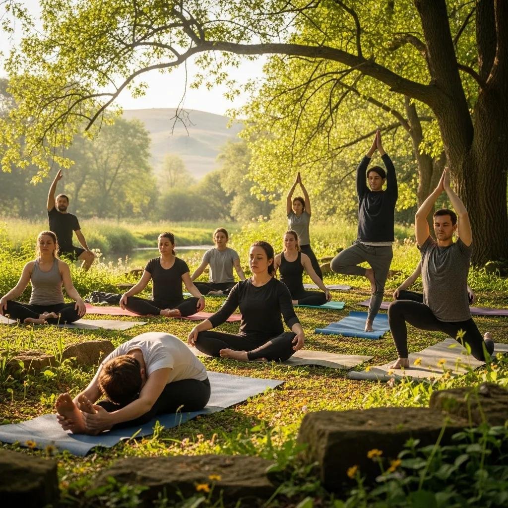 Beginners practicing yoga outdoors, showcasing holistic wellness and diverse poses