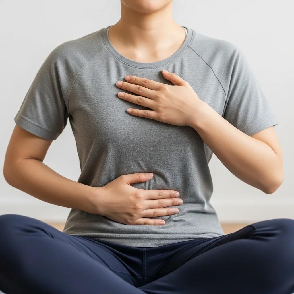 Person demonstrating diaphragmatic breathing technique with one hand on chest and the other on abdomen, promoting stress reduction and lung expansion.