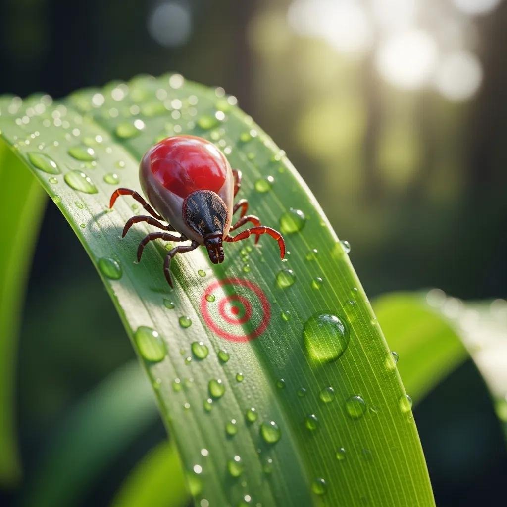 Close-up of a tick on a leaf in a natural setting, representing Lyme disease transmission