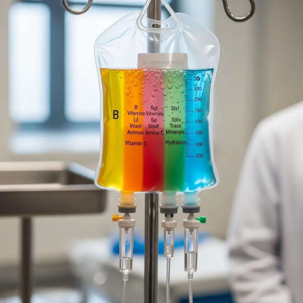 Close-up of an IV bag filled with colorful nutrient solutions, including vitamin C and hydration components, in a clinical setting, illustrating the benefits of intravenous vitamin therapy for rapid nutrient absorption and rehydration.