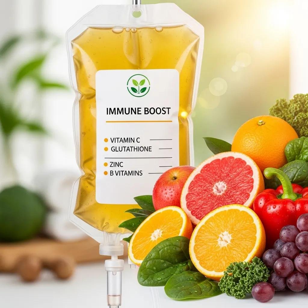 Immune Boost IV therapy bag featuring vitamin C, glutathione, zinc, and B vitamins, surrounded by fresh fruits and vegetables symbolizing health and vitality.