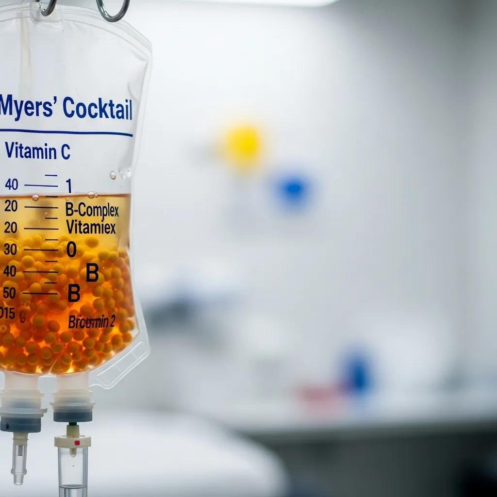 Myers' Cocktail IV bag displaying vitamin C and B-complex ingredients, highlighting its role in energy support and wellness recovery.