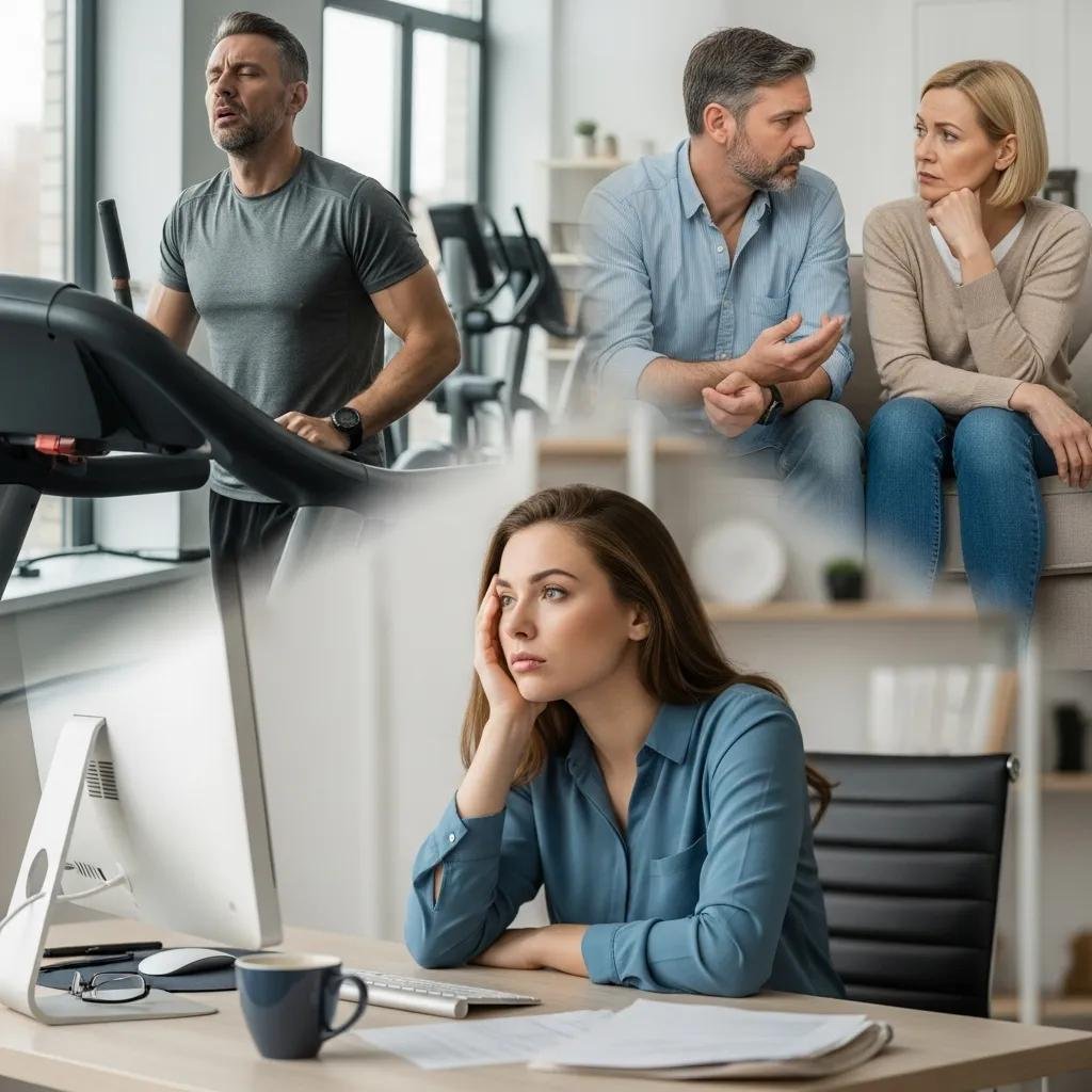 Collage of individuals experiencing symptoms of hormone imbalance, including fatigue and stress, with a man exercising, a couple discussing concerns, and a woman showing signs of distress while working at a computer.