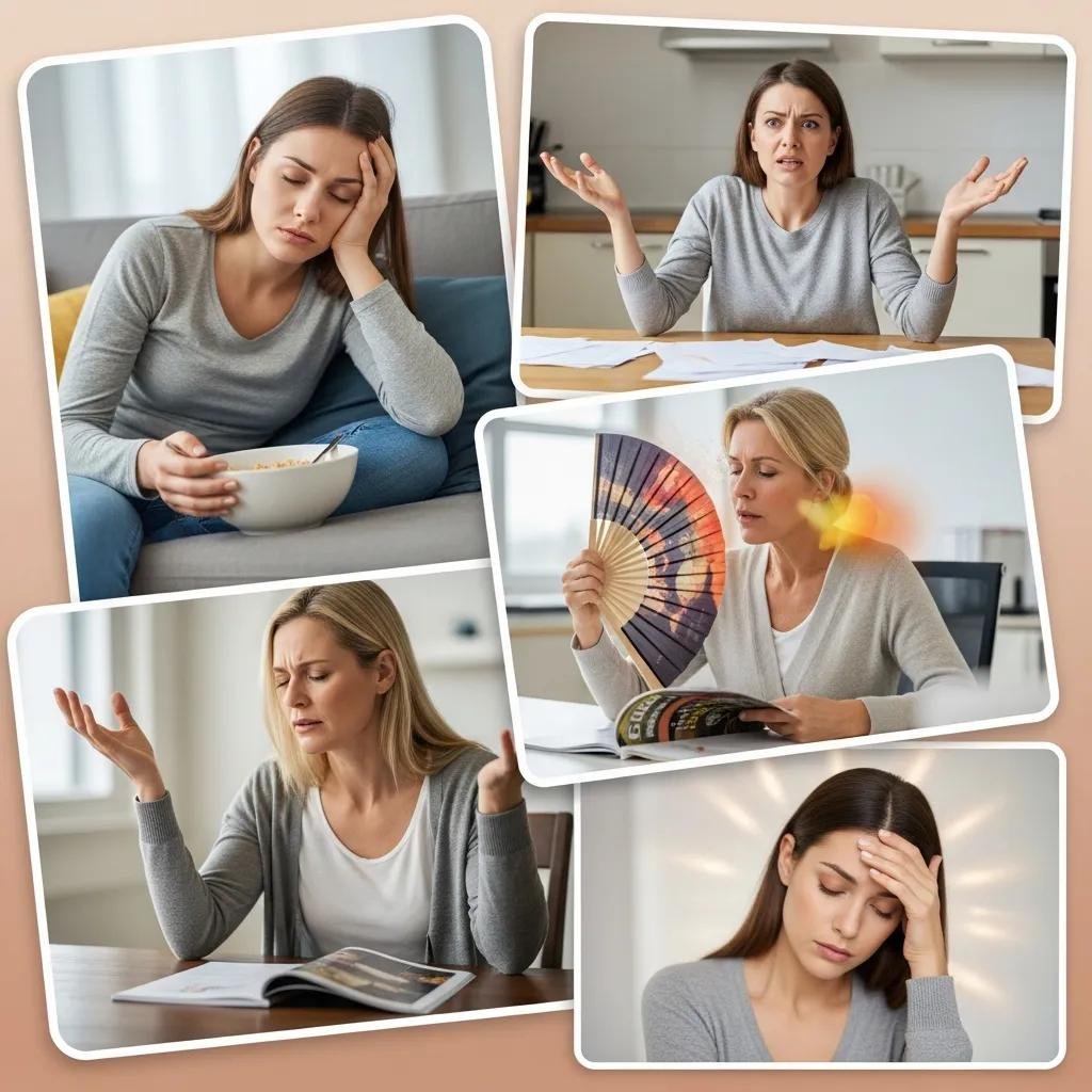 Collage of women exhibiting symptoms of estrogen and progesterone imbalance, showcasing emotional distress, fatigue, and physical discomfort, including hot flashes and mood swings, relevant to hormone health and BHRT discussions.