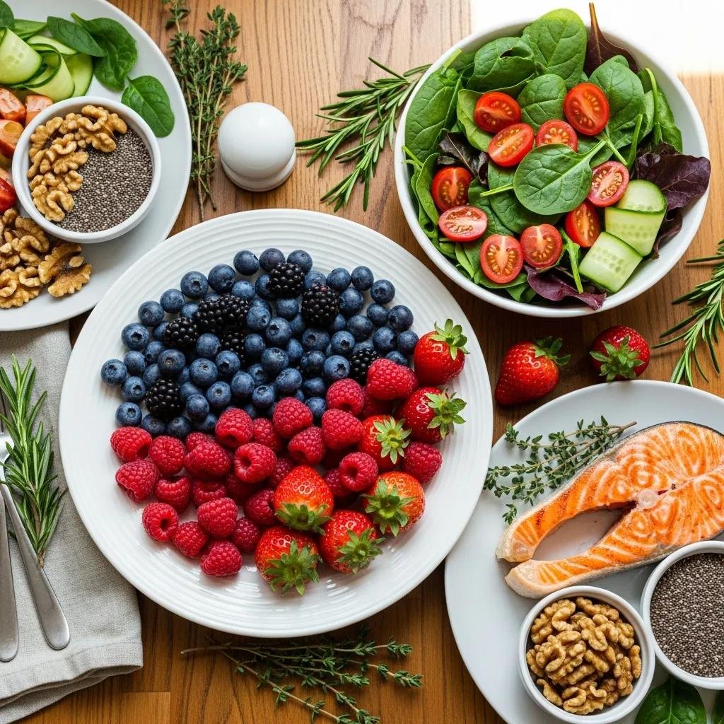 Colorful arrangement of nutrient‑rich foods supporting telomere health and longevity
