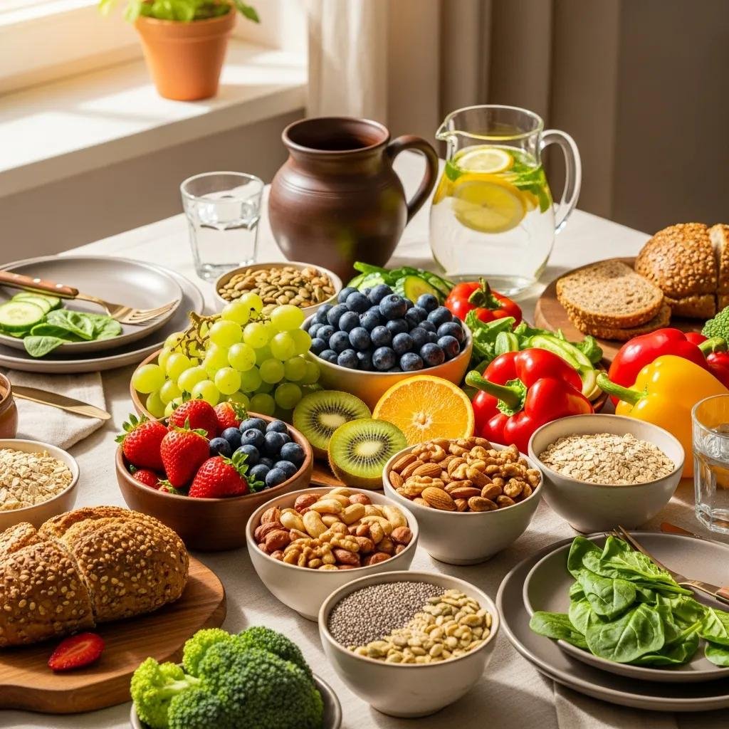Colorful array of healthy foods including fruits, vegetables, nuts, and whole grains, emphasizing nutrition and lifestyle practices for cellular vitality and longevity.