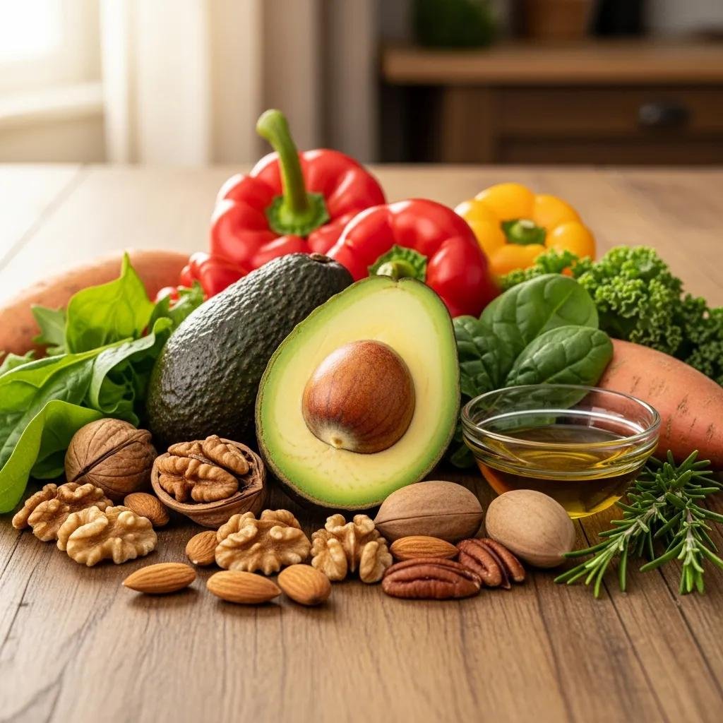 Colorful display of natural ingredients including avocados, nuts, leafy greens, and bell peppers, promoting hair growth and scalp health through an anti-inflammatory diet.