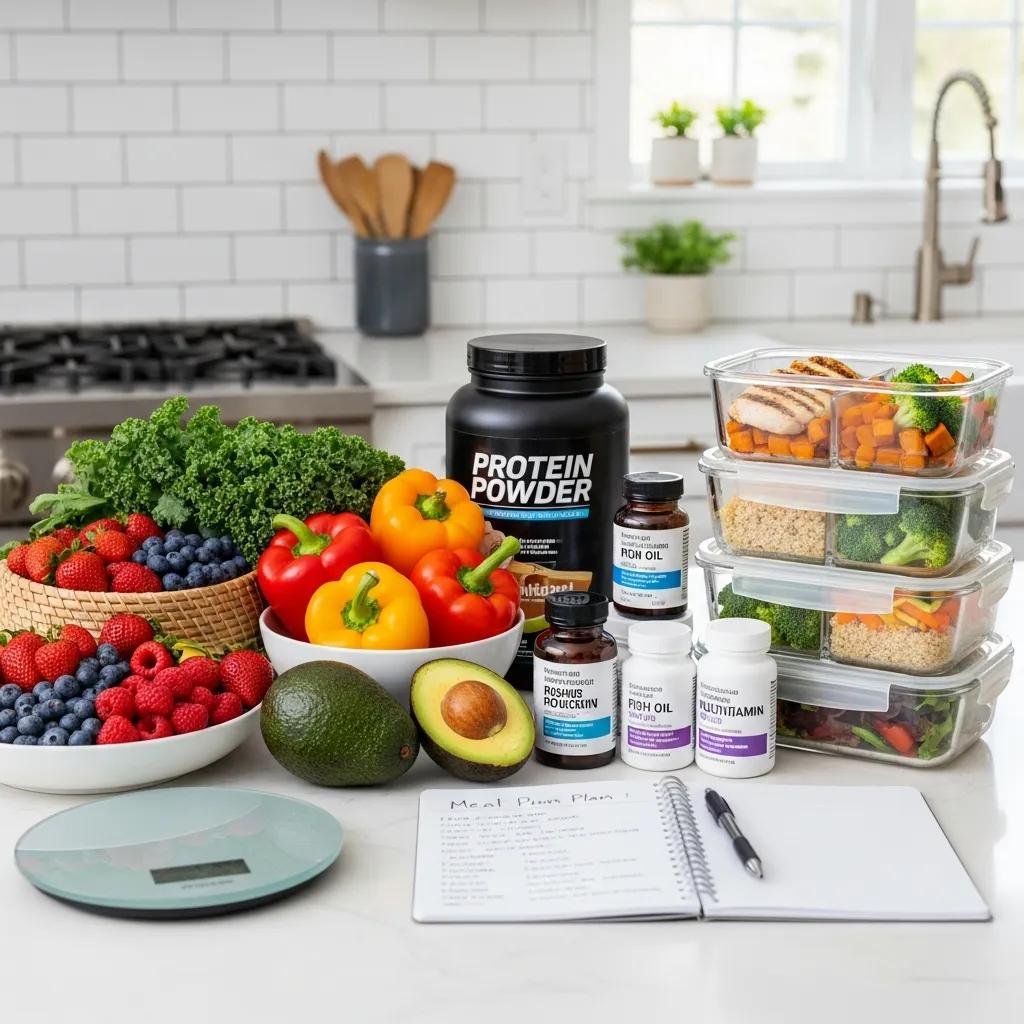 Colorful kitchen scene featuring fresh fruits, vegetables, and nutritional supplements, including protein powder and oils, illustrating personalized nutrition plans based on nutrigenomics and meal planning.