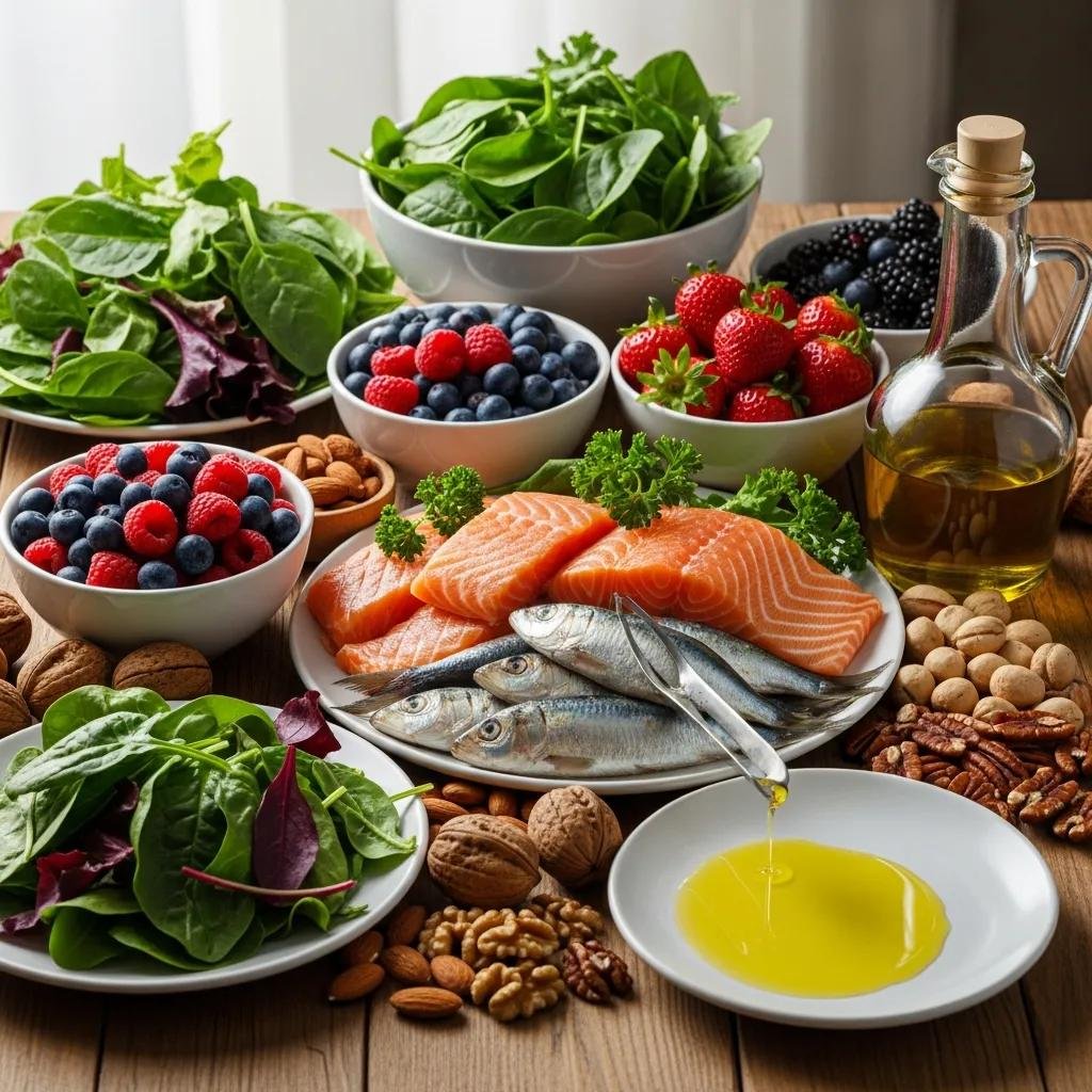 Colorful spread of anti-inflammatory foods including fatty fish, berries, leafy greens, nuts, and olive oil