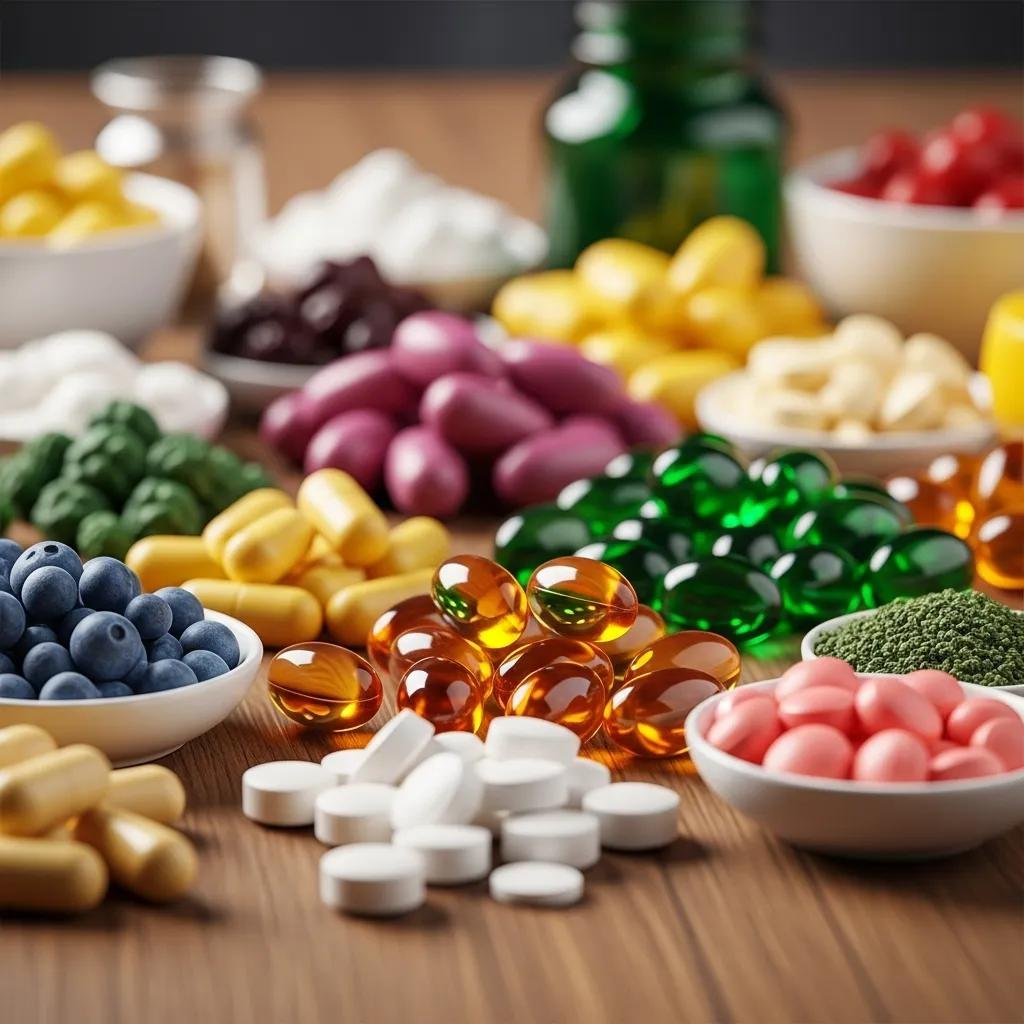 Colorful assortment of vitamins and supplements including B-complex capsules, magnesium, antioxidants, and other nutrients, emphasizing their role in enhancing energy and vitality for IV therapy.