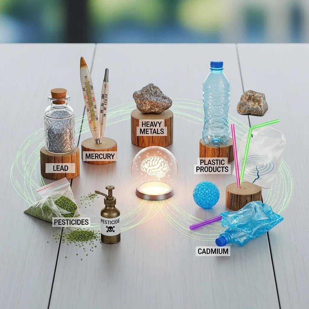 Illustration of common sources of environmental toxins, including metals and plastic items