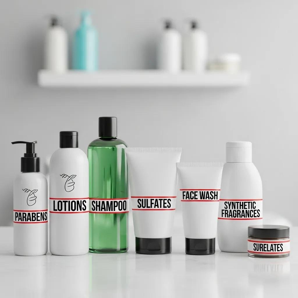 Bathroom shelf showing common skincare ingredients to avoid such as parabens and sulfates