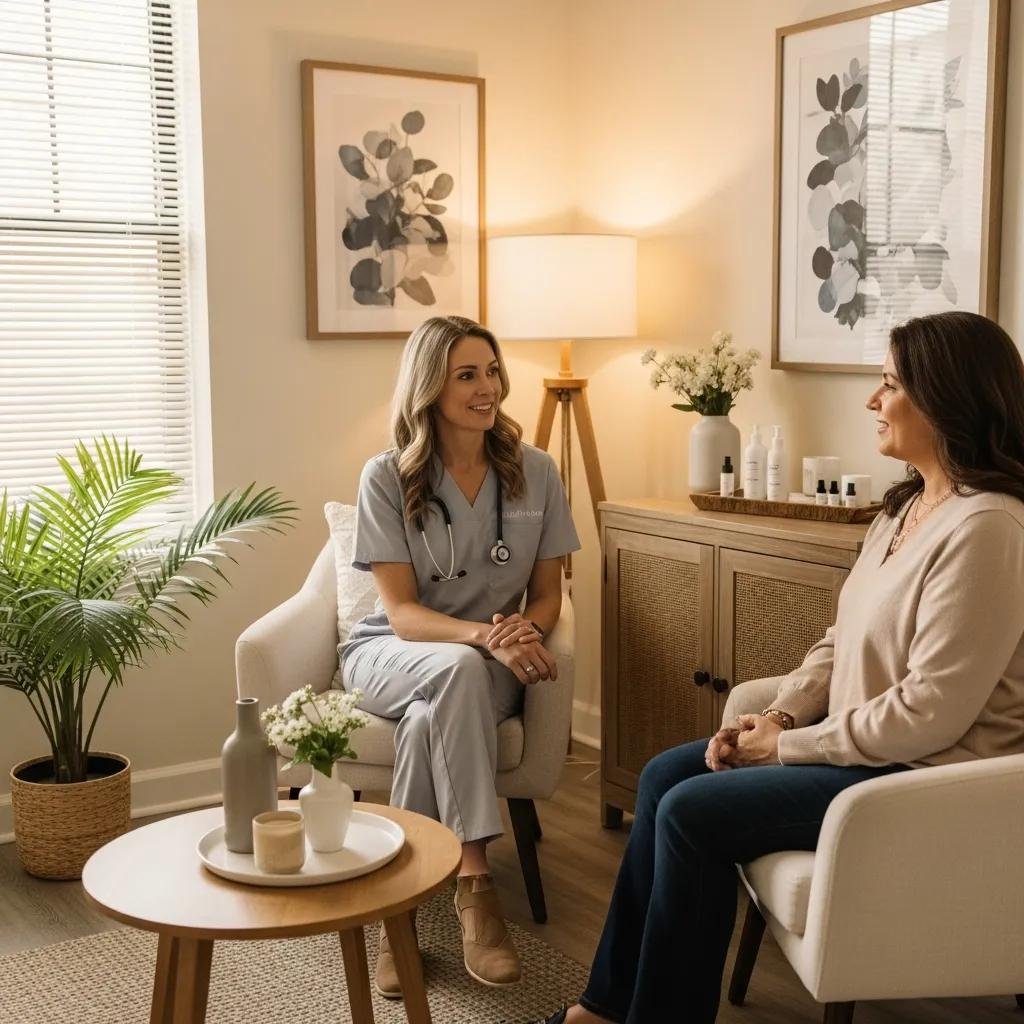 Consultation scene for bioidentical hormone therapy, showcasing a clinician and patient in a wellness clinic
