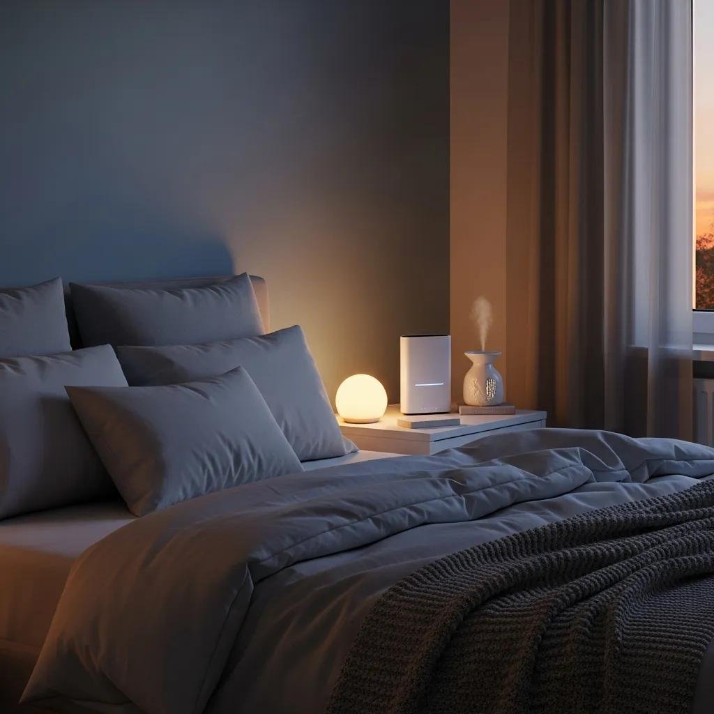 Cozy bedroom scene with warm lighting, plush bedding, and calming decor elements illustrating sensory optimization for improved sleep quality.