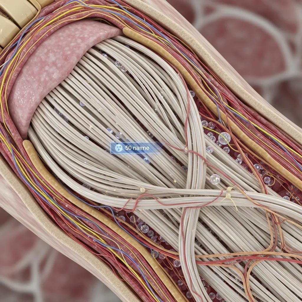 Detailed close-up of healthy tendon and ligament anatomy, highlighting collagen fibers, surrounding tissue, and vascular structures relevant to exosome therapy for enhancing tissue repair and reducing inflammation.