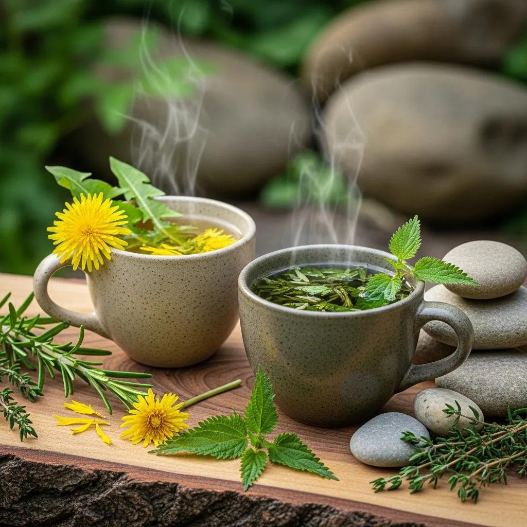 Dandelion and nettle teas in rustic cups, highlighting natural cleansing and liver-supportive herbs.