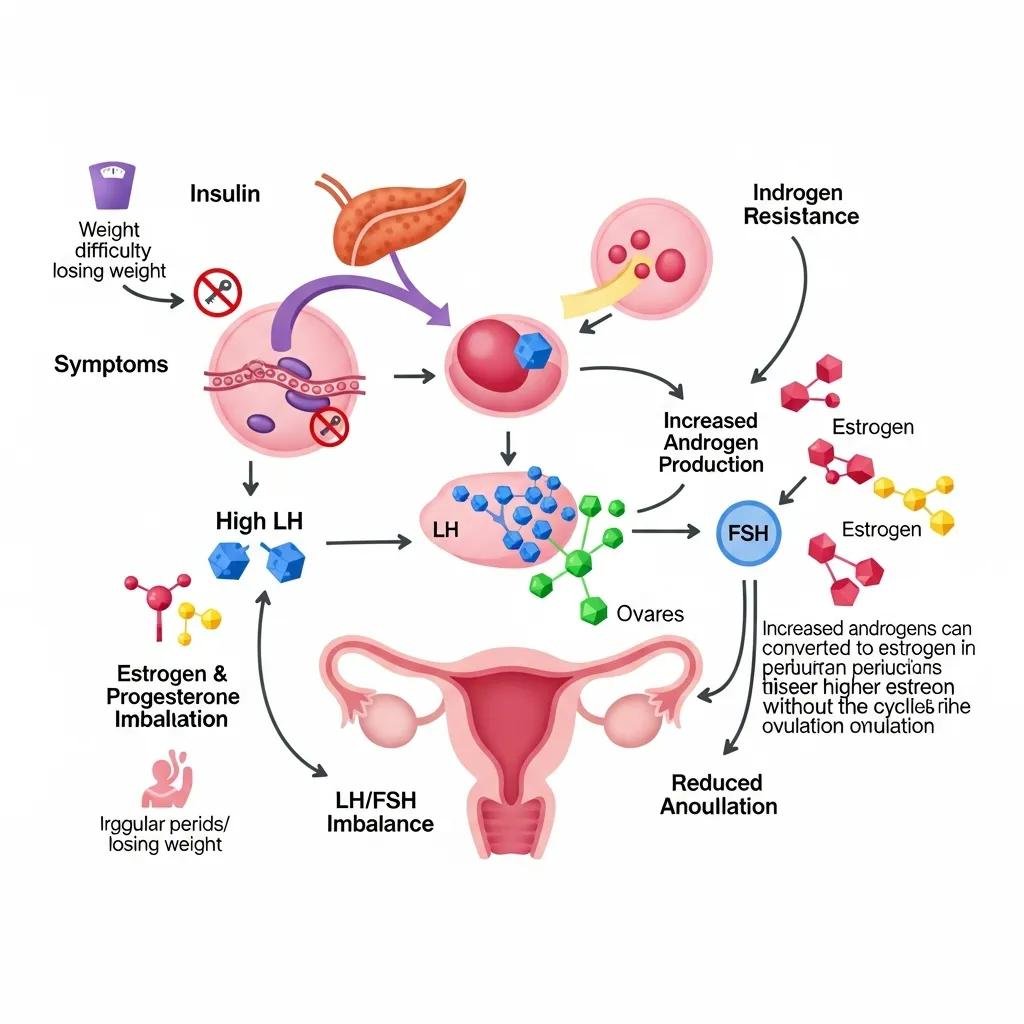 Diagram illustrating hormonal interactions in PCOS, highlighting insulin, estrogen, progesterone, and androgen resistance, with arrows showing relationships and effects on symptoms like irregular periods and weight loss difficulties.