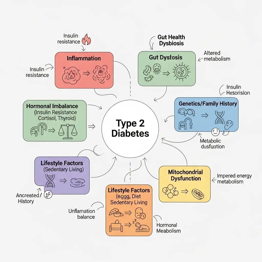 Illustration of upstream drivers of type 2 diabetes including inflammation, gut health, and hormones