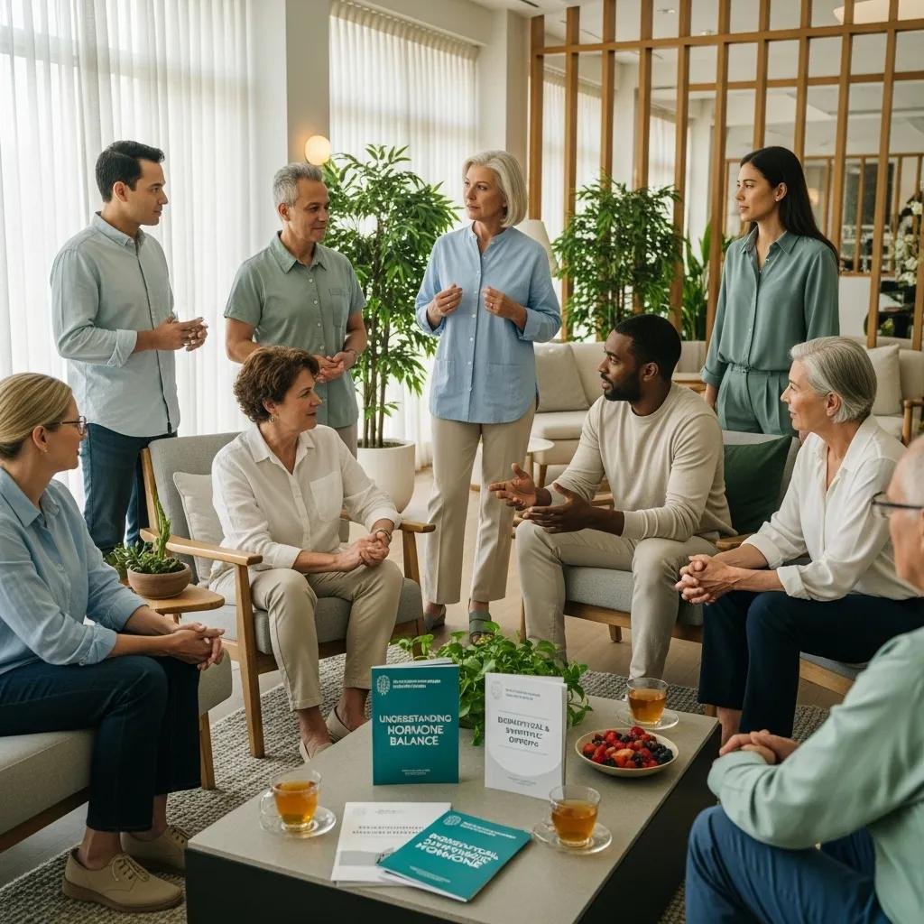 Diverse group discussing hormone therapy in a wellness setting, emphasizing health and balance