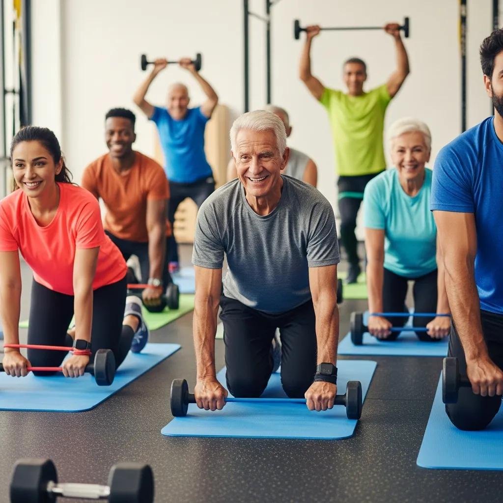 Diverse group engaging in strength training exercises in a bright gym, promoting health and fitness