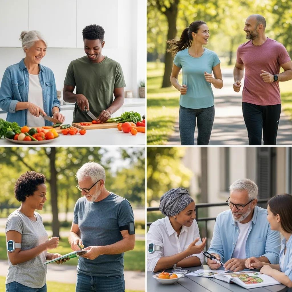 Diverse group of individuals engaging in healthy activities for diabetes management