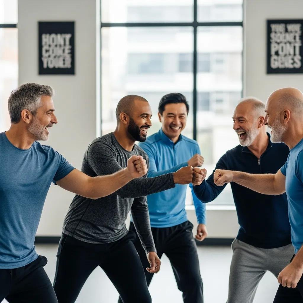 Diverse group of middle-aged men engaging in a fitness activity, celebrating vitality and energy benefits of bioidentical hormone replacement therapy (BHRT).