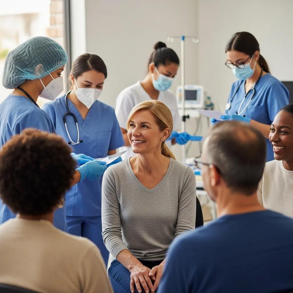 Diverse group of people engaging in a cancer screening event, highlighting the importance of early detection and community support