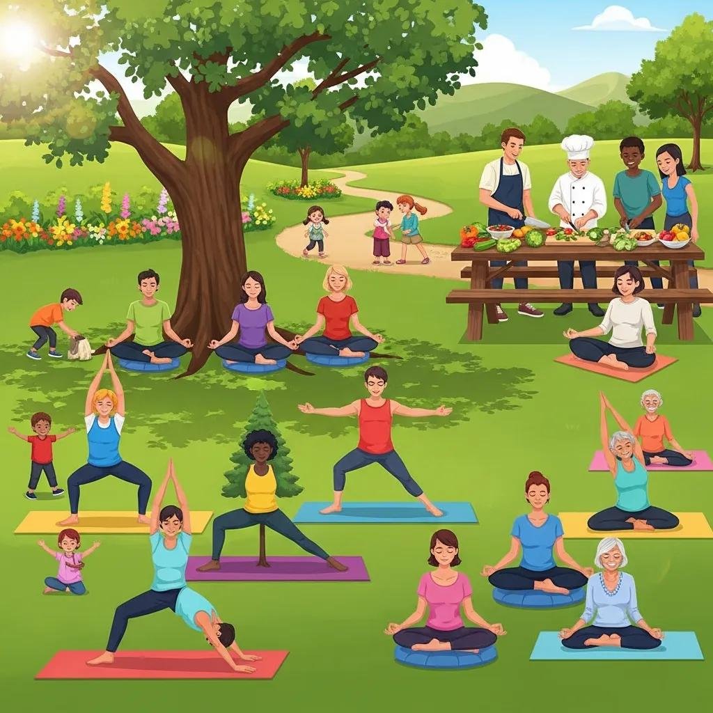 Diverse group practicing holistic health activities, including yoga and meditation, in a vibrant outdoor setting, emphasizing community well-being and integrative health approaches.