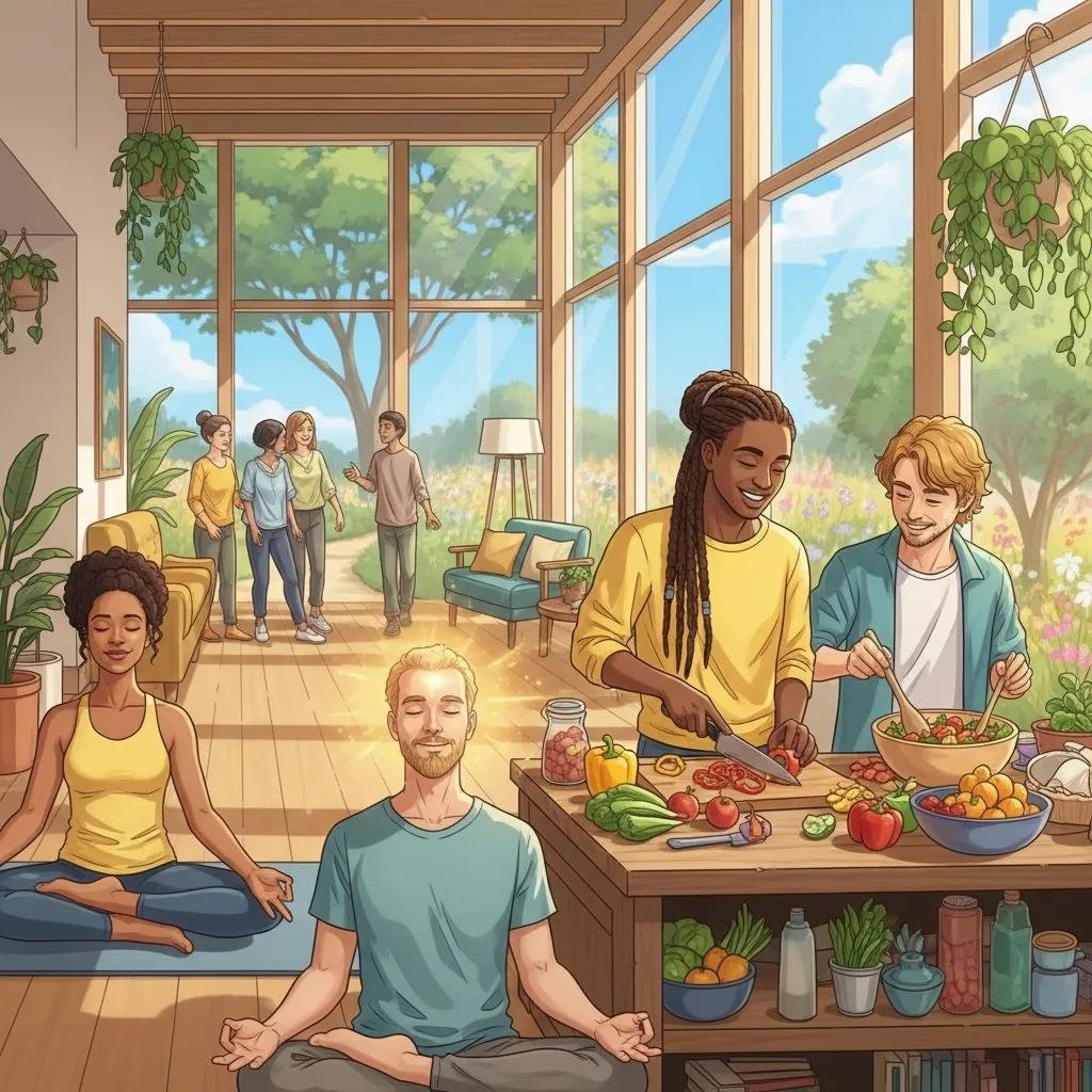 Diverse individuals engaging in holistic health activities, including meditation and preparing healthy meals, emphasizing the importance of treating the whole person in naturopathic medicine.