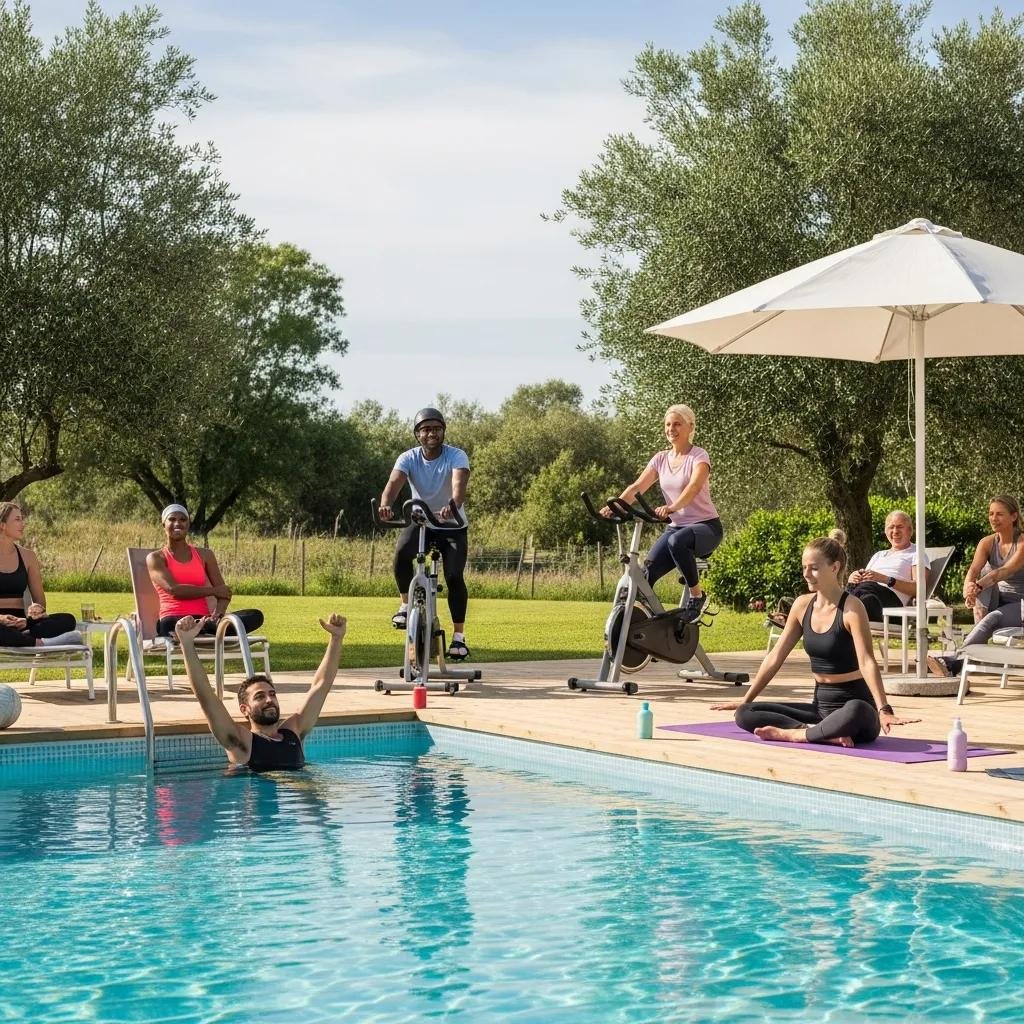 Diverse individuals enjoying low-impact workouts in a serene outdoor setting, promoting joint health and fitness