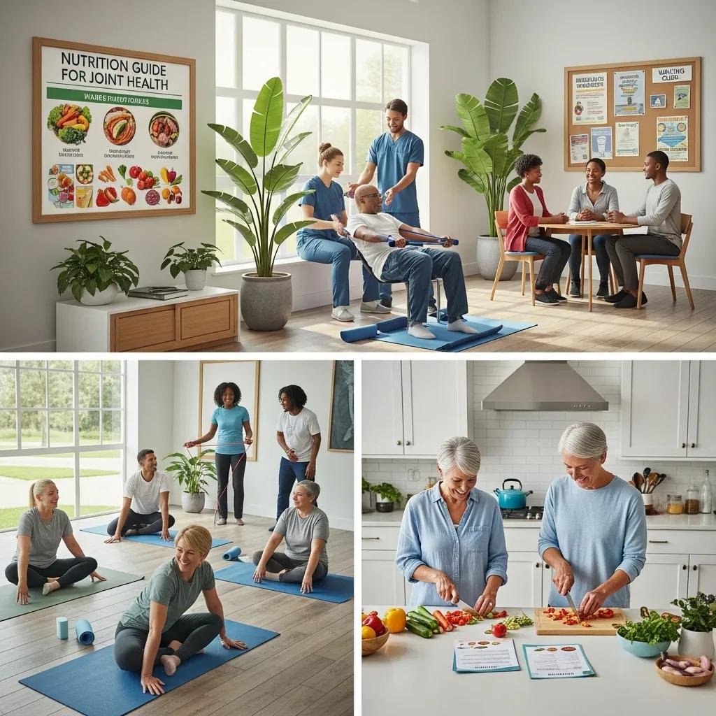 Diverse individuals engaging in holistic health strategies for osteoarthritis management, including exercise, nutrition, and physical therapy, in a bright, welcoming environment.