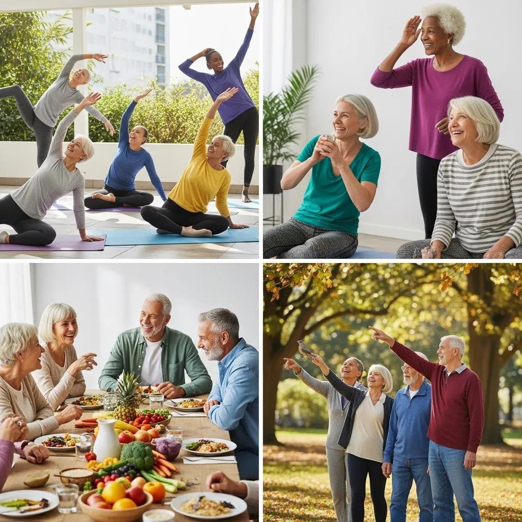Diverse older adults engaging in healthy activities, symbolizing telomere support and healthy aging