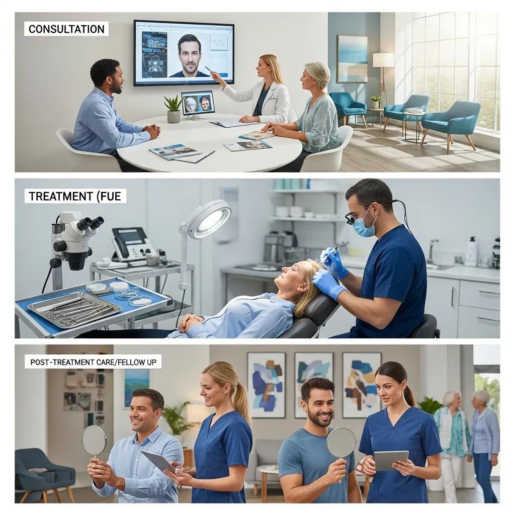Diverse patients engaging in hair restoration consultations, treatments, and post-treatment care in a modern clinic setting, showcasing a holistic approach to hair loss management.